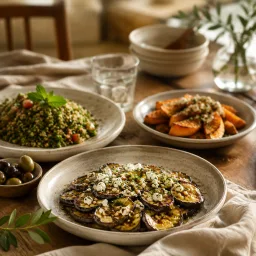 Several homemade meals served on ceramic plates with herbs and warm linen