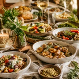Family-style catering table with homemade dishes in ceramic serving bowls