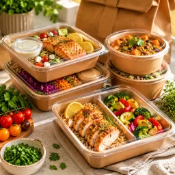 Carefully packed homemade meals ready for delivery with fresh herbs